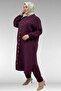 57044 Plus Size Button-Down Muslin Pants Suit with Elastic Sleeves - Burgundy