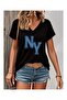 Women's V-Neck Ny Printed T-Shirt Oversize Casual