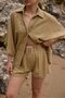 Oil Green Raw Linen Belted Shorts and Shirt Double Set - 7069 - 2