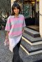 Gray Striped Polo Collar Basic Women's T-Shirt Mg2833