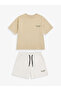Boy's 100% Cotton Minimal Printed Adjustable Waist Lace-Up Basic Shorts Two-Piece Set [Beige] - 2