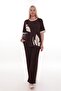 Women's Short Sleeve Print and Stone Detailed Modal Fabric Large Size Tracksuit Set with Side Trims - 3