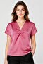 Women V-Neck Cuffed Sleeve Solid Blouse, Mauve