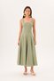 Green Strappy Square Neck A-Line Panel Detailed Linen Midi Dress - 8