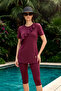 Front Ruffle Detailed Short Sleeve Lycra Semi-Closed Swimsuit 303 Cherry - 3