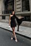 Black Rose Detail Single Sleeve Cape Crepe Fabric Mini Dress
