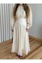 Cream-Colored Elastic Waist Long Dress with Belt - 7051 - 2