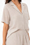 Organic Cotton Beige Striped Textured Shirt Collar Women's Shorts Pajama Set - 2