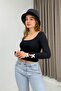 Square Neck Sleeves Bow Detailed Blouse Black
