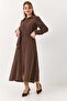 Women's Buttoned Belted Long Dress Brown - 4