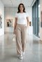 Women's Elastic Waist Strawberry Fabric Beige Loose Trousers - 5