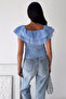 Women's Gingham Patterned Madonna Collar Crop Blouse with Ruffle Detail and Buttons - 7
