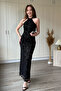 Neck Tie Jacquard Tulle Midi Black Dress - 5
