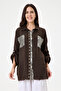 Women's Brown Italian 100% Linen Sequined Ring Stripe Oversize Linen Shirt Size 40 - 46 - 2