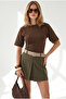 Women's Brown Waist-Slit Modal Buttoned Blouse with Stitching Detail Blz-19003373 - 3