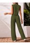 Women's V-Neck Button Detailed Sleeveless Vest and Wide Leg Pants Aerobin Two-Piece Set - 4