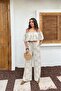 Women's Beige Patterned Madonna Collar Flounce Blouse Trousers Two-Piece Summer Set Nbnp035 - 4