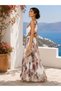Elegant Floral Patterned Pleated Long Dress-Gold Belted - 2