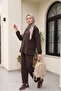 Long Back-Cut Crew Neck Top with Elasticated Sleeve Trousers Set - Dark Brown - 5
