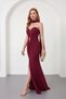 Women's Burgundy Slim Fit Strapless Collar Shawl Detail Slit Long Evening Dress