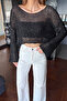 Women's Black Sequin Embroidered Bat Sleeve Casual Crop Blouse - 2