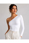 One-Shoulder Long Sleeve Women's Blouse White Stretchy Fabric Stylish Casual and Evening Wear