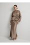 High Collar Tie-Back Detailed Blouse & Flared Maxi Skirt - Satin Set - 2