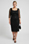 Women's Black Square Neck Beaded Plus Size Midi Evening Dress - 2