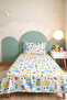 Dinosaur Patterned Blue Children's Room Single Pique Set - Pastel Yellow Green 160X220 cm Bedspread - 8