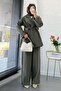 Premium Vessa Belt Detailed Linen Trousers Set - Khaki - 2