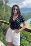 Women's V-Neck Short Sleeve T-Shirt with Polka Dot Detail