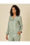 Women Green Striped Satin Long Sleeve Pajama Set - 2