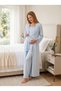 New Season Blue Long Dressing Gown with Lace Detail Special Design Short Sleeve 100% Cotton Maternity Dressing Gown Pajama Set - 2