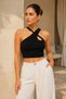 Women's Black Cross Halter Neck Ribbed Crop Top with Drop Detail - 5