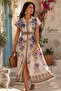 Women's Digital Printed Linen Look Belted Long Dress