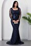 Square Neckline Long Sleeve Beaded Evening Dress 41231
