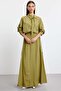 Wicker accessory detailed blouse and pleated skirt linen set olive