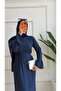 Navy Blue Striped Belted Hijab Dress - 4