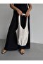 Women's Ecru Hand Knitted Mesh Shoulder Bag Large Volume Daily Beach Bag Std Taş