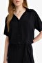 Regular Fit Cropped Collar Crinkle Viscose Short Sleeve Black Shirt (26 Sm) - 5