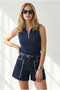 Women's Navy Blue Polo Collar Zippered Decorated Stretchy Blouse Blz-19003429 - 4