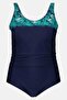 Women Plus Size Padded Floral Pattern One Piece Swimsuit, Navy - 2