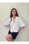 Linen Look Retro Model Loose Short Sleeve Shirt Women's Snow White - 2