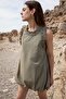 Nihu Women's 100% Cotton Ruffled Collar Balloon and Elastic Hem Poplin Mini Khaki Dress
