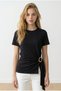 Women's Black Asymmetric Waist Gold Buckle Lace-Up Short Sleeves Lycra Knitted Fabric Blouse T-Shirt Yy101416 - 3