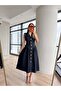 Women's Dark Navy Blue Buttoned White Stitch Detailed Belted Denim Midi Dress 7827 - 2