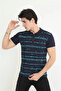 Men's Collared Slim Fit Pique Striped T-Shirt - Navy Blue - 3