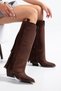 Brown Matte Suede Tasseled Trousers Metal Toe Western Cowboy Knee-Length Boots - 5