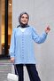 Top Buttoned V-Neck Jacquard Crinkle Tunic - Baby Blue - 5
