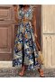 Women's Strappy Double-Breasted Collared Long Patterned Single Jersey Dress Without Belt - 5
